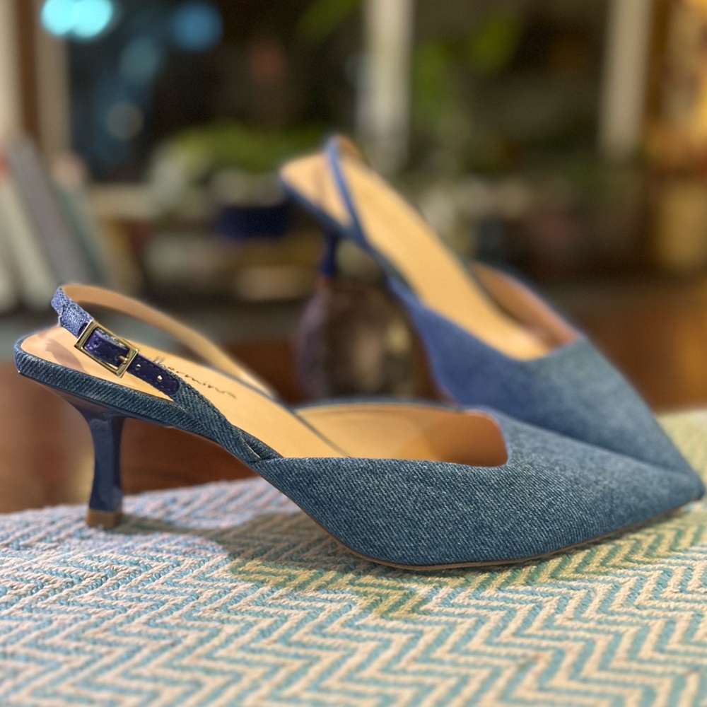 Blue Denim Slingback Kitten Heels —Handmade in Brazil, Women’s 8